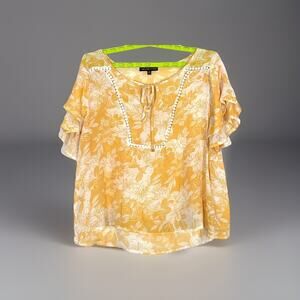 Adrianne Vittadini Blouse Womens Size 2X Yellow White Floral Flutter Sleeve